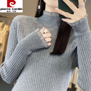 皮爾卡丹（pierre cardin）2024秋新款女式針織衫歐根紗鏤空荷葉花邊領(lǐng)毛衣女修身百搭打底衫 灰色 L
