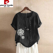皮爾卡丹（pierre cardin）今年流行的亞麻上衣夏季復(fù)古休閑寬松棉麻短袖套頭T恤棉麻女裝 黑色蒲公英 S 【85-100】