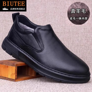 BIUTEE品牌輕奢男鞋夏季新款皮鞋透氣休閑運動軟底正裝頭層牛皮工作鞋子 黑色 加絨 羊毛保暖冬季套腳款 42 (260mm)