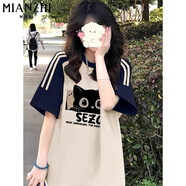 棉致重磅拼接三條杠圓領(lǐng)短袖t恤女夏季寬松休閑五分袖半袖薄款上衣 8039貓頭藏青拼杏【高品質(zhì)23.5】 L 100-115斤