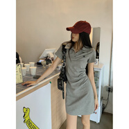 FSHEPOLO領(lǐng)連衣裙女春季2025新款韓系氣質(zhì)收腰顯瘦短袖包臀裙chic百搭 灰色短款 2XL
