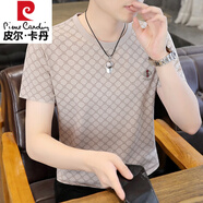 皮爾卡丹（pierre cardin）男士t恤短袖2025新款圓領(lǐng)冰絲半袖男裝休閑印花體恤夏季透氣上衣 W3323卡其色 XL (120-135斤)