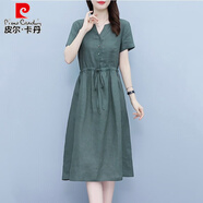 皮爾卡丹亞麻連衣裙女洋氣減齡2025年夏季高端收腰顯瘦棉麻中長(cháng)款短袖裙子 墨綠色 M 90-100斤