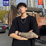 羅蒙（ROMON）楓葉紅500g重磅新疆長(cháng)絨棉硬挺t恤男精梳棉短袖美式小領(lǐng)口5半袖 黑色 5XL