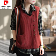 皮爾卡丹（pierre cardin）23年新款復古圓領(lǐng)馬甲針織背心女年春季新款純色開(kāi)衫寬松無(wú)袖馬夾 磚紅色 斜扣馬甲 3XL 建議135-150斤左右穿