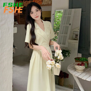 FSHE夏季新款西裝領(lǐng)連衣裙子女韓版系帶收腰顯瘦中長(cháng)裙設計感口袋A裙 黃色 L 建議100-115斤