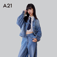 A21秋季新款女裝慵懶風(fēng)水洗牛仔外套女寬松翻領(lǐng)長袖立體裁剪酷颯上衣 淺中藍 XL