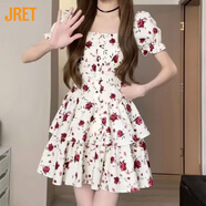 Jret夏季桔梗收腰A字仙女短裙子茶歇法式氣質方領泡泡袖碎花連衣裙女 翠花短裙 L 參考105-120斤穿