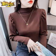 初徑半高領(lǐng)打底衫女泡泡袖秋新款修身中領(lǐng)長(cháng)袖T恤加厚磨毛上衣 2642#咖啡色 M 建議90-104斤