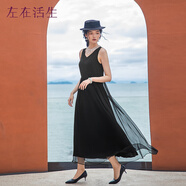 生活在左【100%桑蠶絲】百搭顯瘦無袖連衣裙女裝2025夏季新款長裙子 玄黑色 M