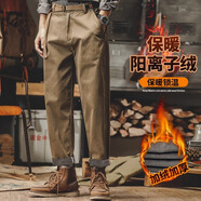 后探（HouTan）美式復(fù)古休閑褲男寬松春秋款直筒工裝褲男士潮牌簡約加絨長褲子男 腰帶款加絨深卡其色 29（110-120斤）