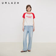 URLAZH商場同款2025夏季新款休閑圓領撞色插肩袖字母印花短袖針織毛衣女 大紅色 S