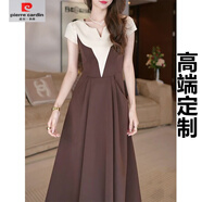 皮爾卡丹（pierre cardin）感法式純色拼接連衣裙2025夏季新款洋氣拼色修身顯瘦短袖裙子 咖色【高端定制】 M 建議90-100斤