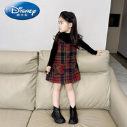 迪士尼（Disney）【品牌上新】韓版童裝2023女童秋冬格紋毛呢背心裙子女寶寶韓版可 黑色打底衫 100