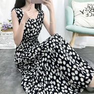 ROAR UTHAUG夏季波西米亞大擺修身長(cháng)款收腰淑女長(cháng)裙無(wú)袖印花棉綢連衣裙 1號色 黑色小雛菊 XL 建議110-125斤