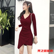 范哲莎加絨性感不規則修身長(cháng)袖連衣裙交叉收腰顯瘦包臀裙子A字短裙女 酒紅色V瓴長(cháng)袖 螺紋高彈 S 建議80-90斤