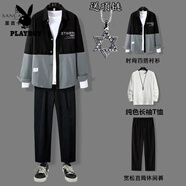 花花公子三件套裝春季新款休閑套裝男潮流一套搭配帥氣一整套寬松襯衫男裝 拼接貼標(biāo)黑色+休閑褲+T恤[三件 均碼 M85-100斤