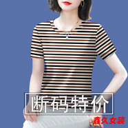 美安嘉春秋新款媽媽裝長袖圓領(lǐng)打底衫遮肚顯瘦T恤女上衣潮 16301咖黑條短/袖上衣-洋氣媽媽裝 L 建議95-110-洋氣媽媽裝