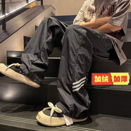 即勢(shì) 美式機(jī)能風(fēng)高街褲子男春夏季側(cè)邊拉鏈設(shè)計(jì)感休閑褲工裝沖鋒褲 黑色【三道桿】-B29-BKEG 加絨 L 【建議100-120斤】