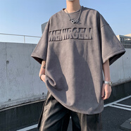 魄克麂皮絨鋼印短袖t恤男24夏季新款美式潮牌五分袖大碼寬松體恤上衣 A058-1-T258灰色 5XL 210-230斤