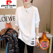 皮爾卡丹秋冬新款純棉加絨長(cháng)袖T恤女拼接中長(cháng)款寬松顯瘦白色破洞上衣ins潮 白色（加絨款） S 100斤以?xún)?
                                         title=