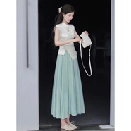 樂芬蘭（LeFenLan）新中式連衣裙女2024夏季新款國(guó)風(fēng)禪意清冷感盤扣旗袍綠色套裝裙子 上衣+半身裙 M