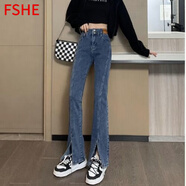 FSHE2025年新款小個(gè)子春秋高腰顯瘦開(kāi)叉喇叭褲顯高氣質(zhì)微喇牛仔褲女 復(fù)古藍(lán)-款 常規(guī) M _95-105斤