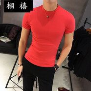 栩禧春夏打底衫緊身短袖男韓版修身短袖T恤上衣健身純色棉短袖t恤男士體恤衫潮流時尚貼身舒適男裝短袖 西瓜紅 3XL