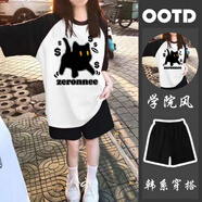 Baldauren12女大童夏季短袖短褲套裝15歲中小學(xué)生胖童女孩18少女多巴胺運動 金錢貓#黑拼白T恤+黑色短褲 套裝 薄款 150 (S) 建議75-90斤