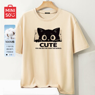 名創(chuàng  )優(yōu)品（MINISO）圓領(lǐng)短袖t恤男夏季國潮體恤寬松休閑純棉百搭半袖衫中國風(fēng)上衣服 卡其(貓小滿(mǎn)) XL 體重140-160斤左右