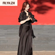 FR.YH.ZH懿涵女裝開(kāi)衫上衣吊帶裙子法式醋酸防曬襯衫夏薄紗小披肩空調罩衫 黑衣+黑裙 2XL 125-140斤