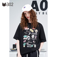 a02卡通涂鴉印花T恤上衣夏季新款炸街甜酷風(fēng)純棉短袖女ins 黑色 L