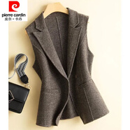 皮爾卡丹（pierre cardin）23年新款秋冬毛呢馬甲女西裝領(lǐng)短款修身背心外穿坎肩毛呢外套馬夾 人字紋咖色 L 106-116斤