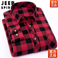 JEEP SPIRIT格子襯衫男長袖黑白秋季磨毛復古經(jīng)典格紋春秋休閑男士襯衣潮 M625 紅色格子 42 148-160斤