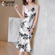 啄木鳥(niǎo)（TUCANO）吊帶連衣裙女2025夏季新款收腰V領(lǐng)復古印花過(guò)膝a字裙5302 米白色 精選柔軟舒適面料 M 【90-100斤】