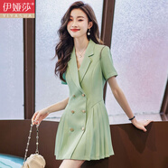 伊婭莎西裝連衣裙女夏季短袖氣質(zhì)女神范雙排扣百褶裙白領(lǐng)職業(yè)正裝工作服 綠色連衣裙 3XL 建議130-145斤