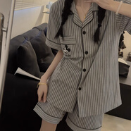 元族夏季睡衣女短袖甜美少女ins小個(gè)子學(xué)生純色休閑簡(jiǎn)約家居服兩件套 ZS短套#6115條紋米奇 XL 115-130斤