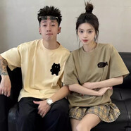 love legend情侶裝短袖t恤上衣服夏季一男一女寬松小眾半袖體恤情侶款套裝 杏色+灰綠色 XL 男+女L