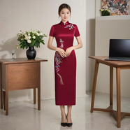 玫芙娜旗袍中國風時尚氣質高端喜婆婆婚宴禮服高檔刺繡修身旗袍春夏秋裝 酒紅色短袖 L