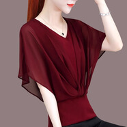 燕潯V領(lǐng)雪紡襯衫女短袖2025年新款夏季蝙蝠氣質(zhì)小衫收腰薄款短款上衣 酒紅色 L 建議110-120斤