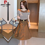 皮爾卡丹（pierre cardin）假兩件拼接連衣裙女裝2025夏季新款t恤裙小個(gè)子收腰顯瘦半身裙子 咖色條紋 L