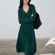 思諾芙德羊絨連衣裙女2024春秋新款V領(lǐng)修身氣質(zhì)針織絞花a字長(zhǎng)裙 黛墨綠 S