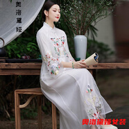 奧洛黛婭改良旗袍中式上衣女復(fù)古刺繡春夏新款中國風(fēng)歐根紗外套長款半身裙 白色上衣+白色半身裙套裝 4XL 建議180-200斤