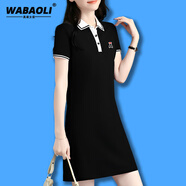WABAOLI 運動(dòng)休閑短袖polo領(lǐng)連衣裙女短款2024夏季新款修身顯瘦t恤裙子潮 黑色 A字 2XL (建議120-129斤)