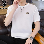 花花公子（PLAYBOY）短袖T恤男士夏季圓領(lǐng)冰絲速干彈力涼感透氣五分半袖體恤男上衣服 白色 XL (建議 130-145斤)