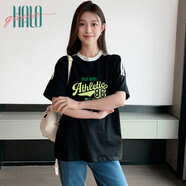 Halo Queen寬松t恤運動(dòng)短袖T恤女夏季撞色字母印花上衣H143T1416