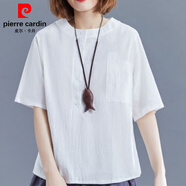皮爾卡丹棉麻女裝短袖款夏季文藝大碼寬松顯瘦純色休閑百搭亞麻T(mén)恤上衣 白色 【優(yōu)質(zhì)版】 3XL 【建議160-180斤】