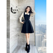 SXA香港潮牌長(cháng)袖假兩件針織連衣裙女2024秋冬新款小個(gè)子氣質(zhì)A字裙子 黑色 M