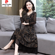 皮爾卡丹春秋網(wǎng)紗連衣裙女長(cháng)袖新款大碼v領(lǐng)中長(cháng)款收腰顯瘦打底碎花裙 卡其色 M