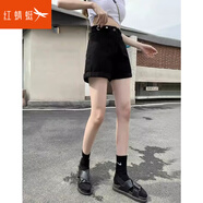 紅蜻蜓牛仔短褲女2025年夏季新款女裝闊腿a字女士熱褲寬松高腰女短褲 黑色 L